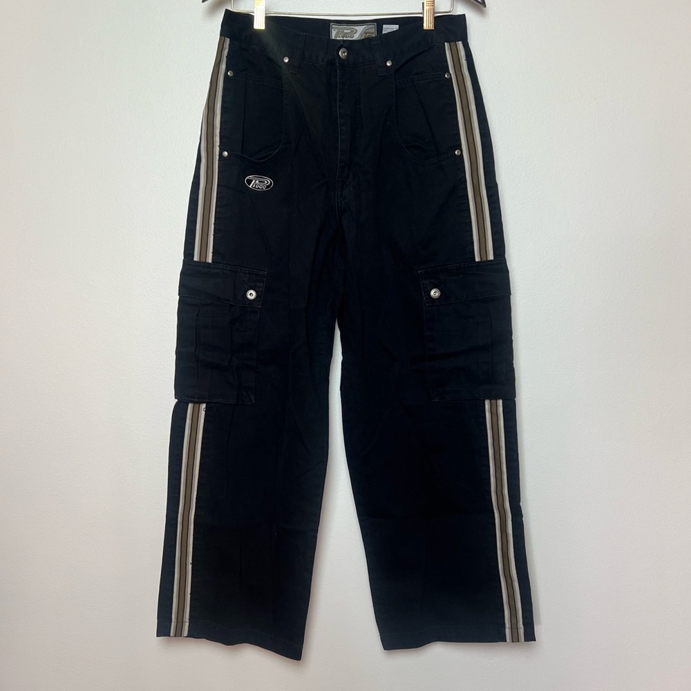 Plugg Y2K baggy fit cargo pants black with stripe down side 32x30